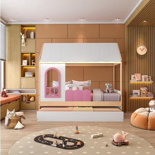 Bicama Infantil Casinha com Led e Janela New Garden Casatema Rosa/Natural
