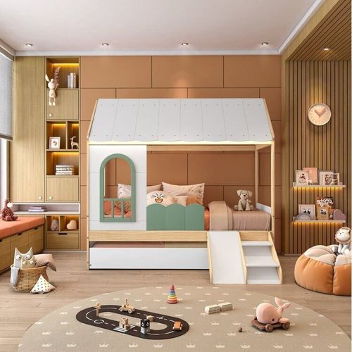 Bicama Infantil Casinha com Led, Janela e Escadinha New Garden Casatema Verde/Natural