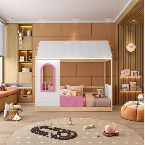 Cama Montessoriana Casinha com Led e Janela New Garden Casatema Rosa/Natural