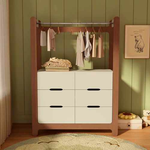 Guarda-roupa Closet Infantil com 6 Gavetas e Cabideiro 100% Mdf Olívia Off White/ Castanho