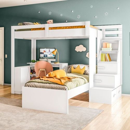 Beliche Office Infantil/Juvenil Moon com Escrivaninha em L e Escada 2 Portas e 2 Gavetas Yescasa Bra Branco