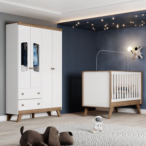 Conjunto para Quarto de Bebê Berço e Guarda-Roupas Branco e Jequitibá Retrô Confete Branco