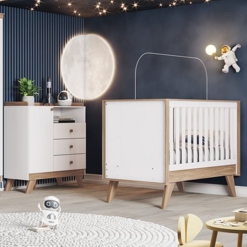 Conjunto para Quarto de Bebê Berço e Cômoda Branco e Jequitibá Retrô Confete Branco/Jequitibá