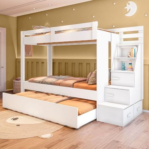 Beliche Infantil/Juvenil com Cama Auxiliar e Escada Multifuncional Moon Yescasa Branco