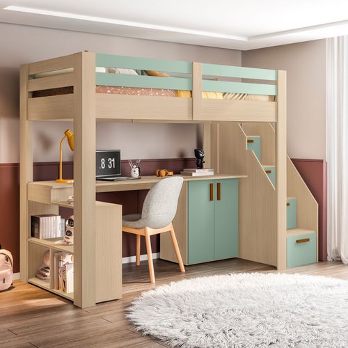 Cama Alta Infantil/juvenil Star Plus Office Multifuncional Casatema Natural/Menta