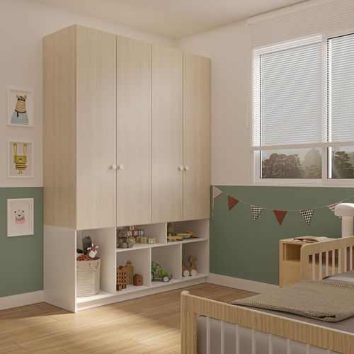 Guarda-Roupa 4 Portas com Nichos Curió Casatema Marrom/Branco Branco/Natural
