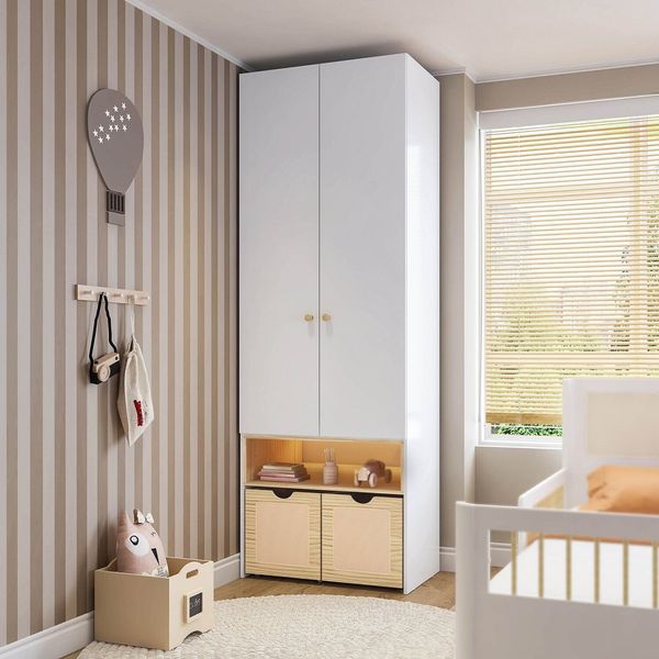 Guarda-roupa Modulado com Led, 2 Portas e 2 Caixas Organizadoras Wave Casatema Branco/Natural