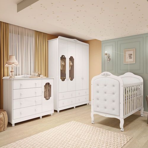 Quarto de Bebê com Guarda-Roupa Cômoda e Berço com Capitonê Maya Provençal 100% MDF Yescasa Branco Brilho