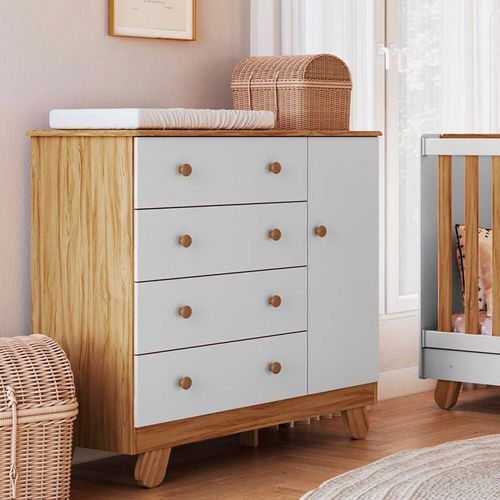 Cômoda Infantil 1 Porta 4 Gavetas 100% Mdf 95cm Levy Yescasa Amêndoa/Branco Brilho