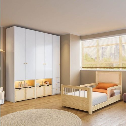 Quarto completo Montessoriano, Cama Solteiro evolutiva e Guarda-Roupa Modulado com LED Wave Casatema Branco/Natural
