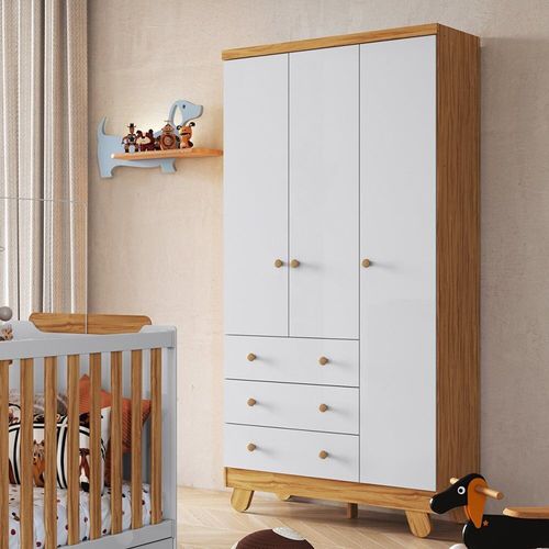 Guarda Roupa Infantil 3 Portas 3 Gavetas 92cm Levy Yescasa Amêndoa/Branco Brilho