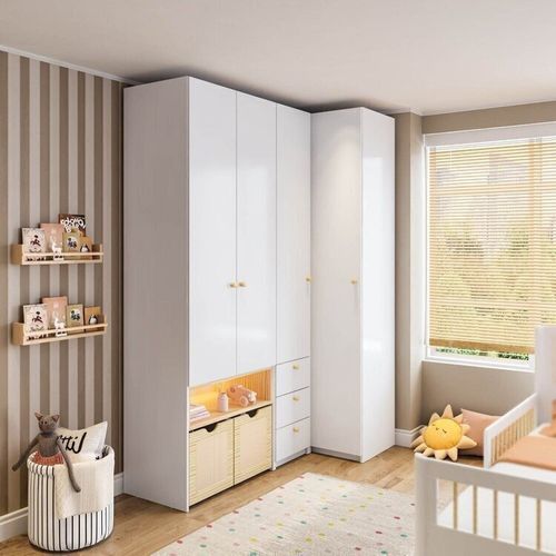 Guarda-roupa Modulado Infantil com Led 3 Peças 4 Portas Wave Casatema Branco/Natural