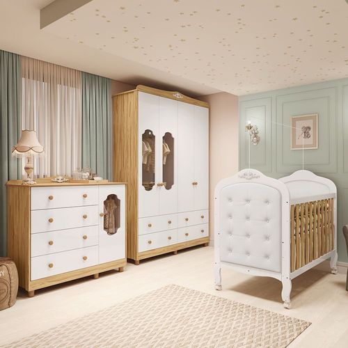 Quarto de Bebê com Guarda-Roupa Cômoda e Berço com Capitonê Maya Provençal 100% MDF Yescasa Branco Brilho/Amêndoa