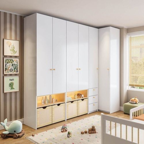 Guarda-Roupa Modulado Infantil com LED 4 Peças 6 Portas Wave Casatema Branco/Marrom Branco/Natural