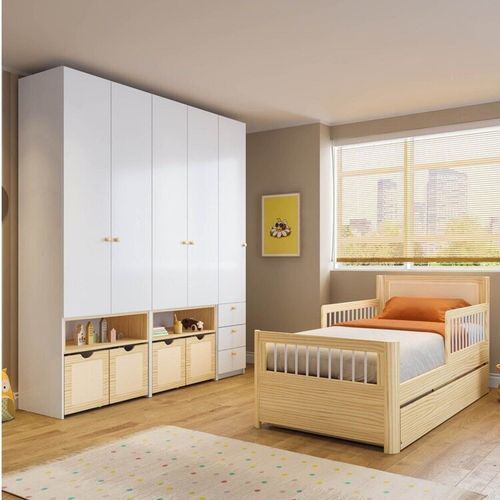 Conjunto com Bicama Solteiro, Prateleira e Guarda-Roupa Modulado LED Wave Casatema Branco/Natural