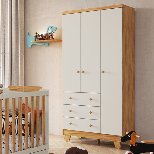 Guarda-roupa Infantil 3 Portas 3 Gavetas 92cm Levy Yescasa Amendoa/ Off White