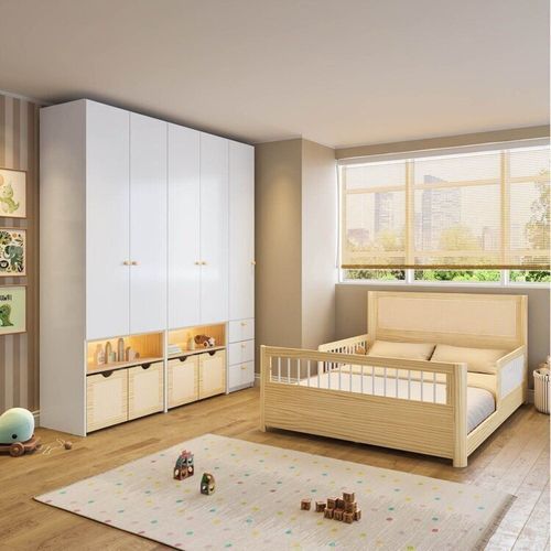 Quarto completo Montessoriano, Cama Casal Evolutiva e Guarda-Roupa Modulado com LED Wave Casatema Branco/Natural