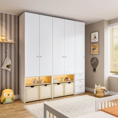 Guarda-roupa Modulado Infantil com Led 3 Peças 5 Portas Wave Casatema Branco/Natural