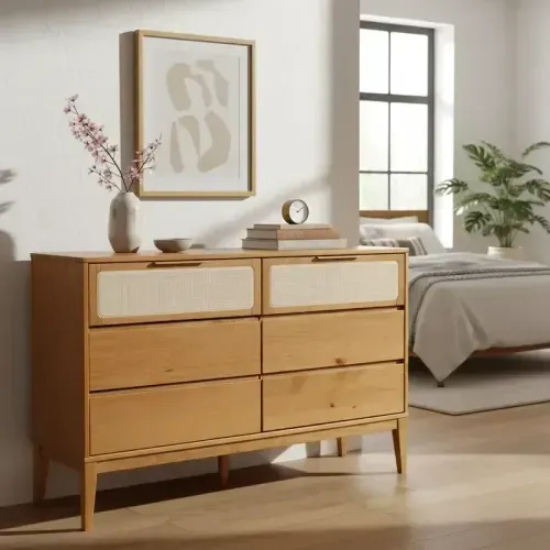 Cômoda 6 Gavetas Madeira Maciça com Telinha Rattan Viena Mel Mel