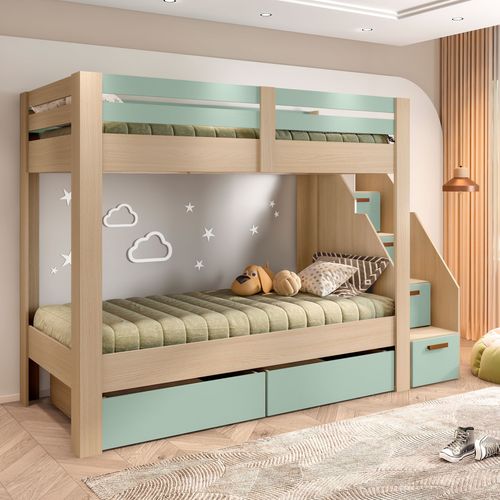 Beliche Infantil/juvenil 2 Gavetões Escada com 4 Gavetas Star Plus Casatema Amêndoa Imperial / Verde Mar