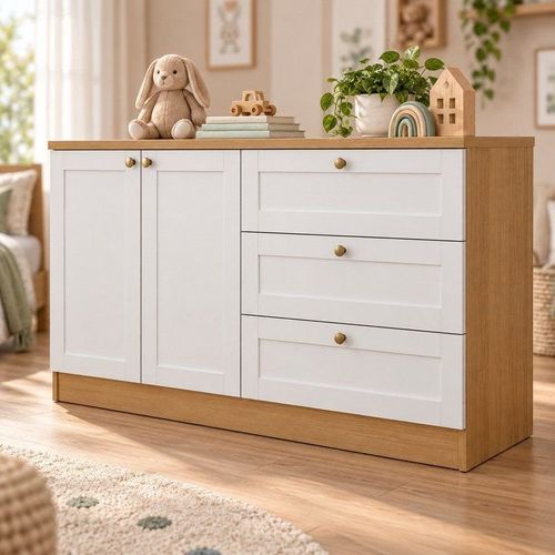 Quarto Infantil com Cômoda 3 Gavetas e Armário 2 Portas Provençais 100% Mdf Infinity Savana/Branco