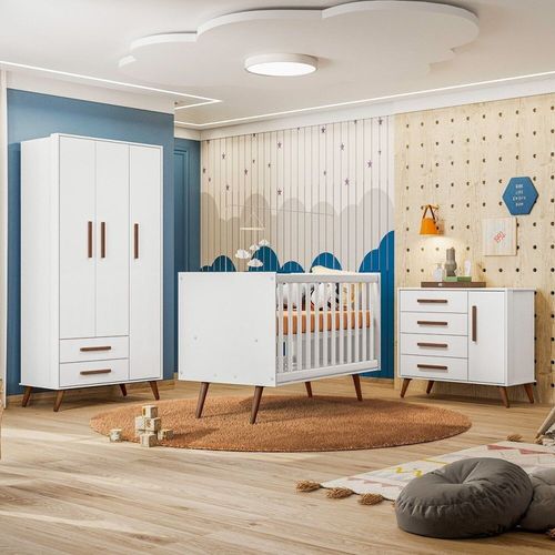 Quarto para Bebê Completo 3 Peças Guarda-Roupa, Cômoda e Berço Q Encanto Retro Branco Acetinado