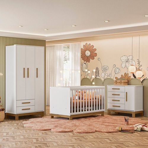 Quarto para Bebê Completo 3 Peças Guarda-Roupa, Cômoda e Berço Encanto Slim Branco Acetinado