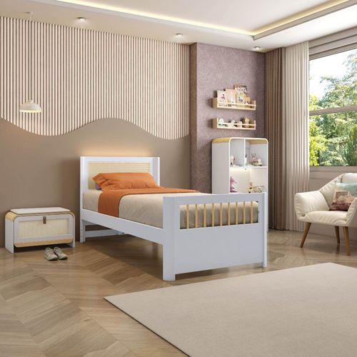 Cama Solteiro Evolutiva Wave Juvenil em Rattan com Led Casatema Branco/Natural