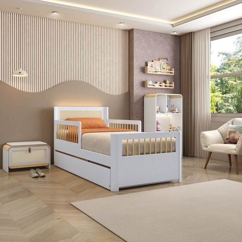 Bicama Solteiro Infantil Reversível Led com Rattan Grade em Palito Wave Casatema Branco