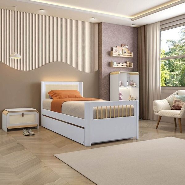 Bicama Solteiro Juvenil Reversível em Led com Rattan, Peseira Palito Wave Casatema Branco