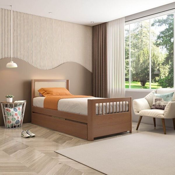 Bicama Solteiro Juvenil Reversível em Led com Rattan, Peseira Palito Wave Casatema Freijó