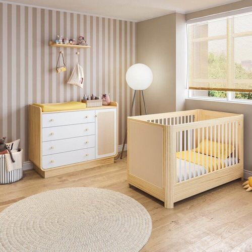 Conjunto com Berço 2 em 1 e Cômoda, Rattan e Madeira Maciça Wave Casatema Branco/Natural