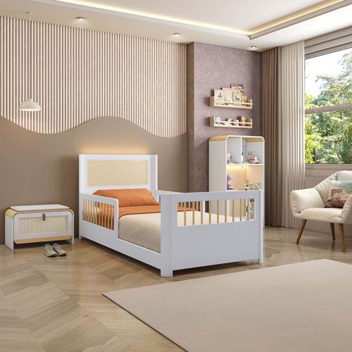 Cama Infantil Montessoriana Reversível LED Rattan e Grade de Proteção Wave Casatema MadeiraOrigin Branco/Natural