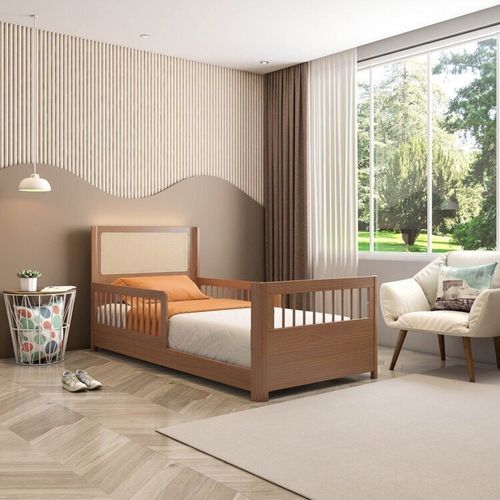 Cama Infantil Montessoriana Reversível Led Rattan e Grade de Proteção Wave Casatema Freijó