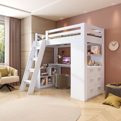 Cama Alta Beliche Office Infantil Multifuncional com 6 Gavetas Micenas Yescasa Branco
