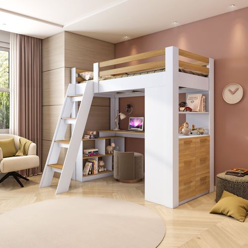 Cama Alta Beliche Office Infantil Multifuncional com 6 Gavetas Micenas Yescasa Branco/Freijó