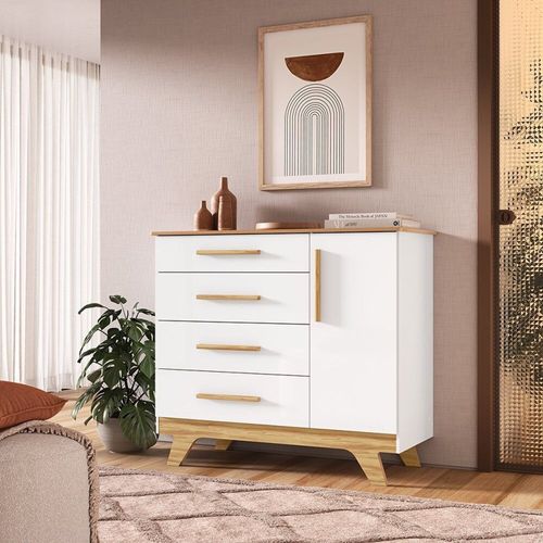 Cômoda 1 Porta e 4 Gavetas 100% Mdf Kakau Retrô Yescasa Branco / Amêndoa