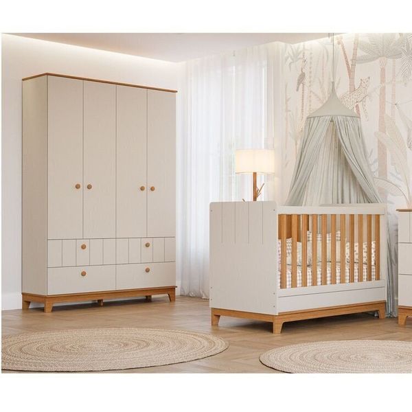 Conjunto Quarto de Bebê 1 Berço 1 Guarda Roupas 4 Portas 4 Gavetas Chantilly Off White / Nature