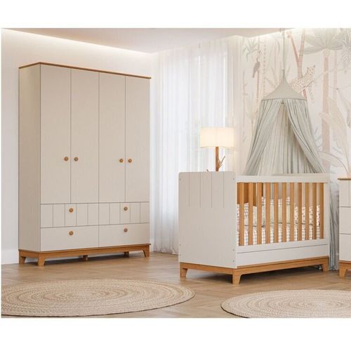 Conjunto Quarto de Bebê 1 Berço 1 Guarda Roupas 4 Portas 4 Gavetas Chantilly Off White / Nature