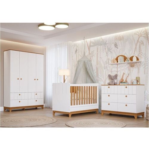 Conjunto Quarto de Bebê 1 Berço 1 Cômoda 6 Gavetas 1 Guarda Roupas 4 Portas 4 Gavetas Chantilly Branco/Nature