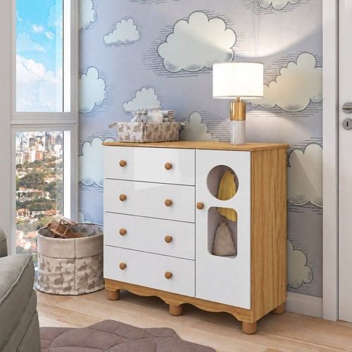 Cômoda Bebê 1 Porta com Janela e 4 Gavetas Ezra 100% MDF Espresso Móveis Amêndoa Branco Amêndoa/Branco Brilho