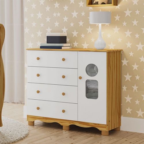 Cômoda Infantil 95cm 1 Porta com Janela e 4 Gavetas Ezra 100% Mdf Espresso Móveis Branco /Amêndoa