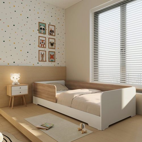 Cama Infantil Montessoriana Solteiro Mark em MDF Branco/ Louro Freijó Grann