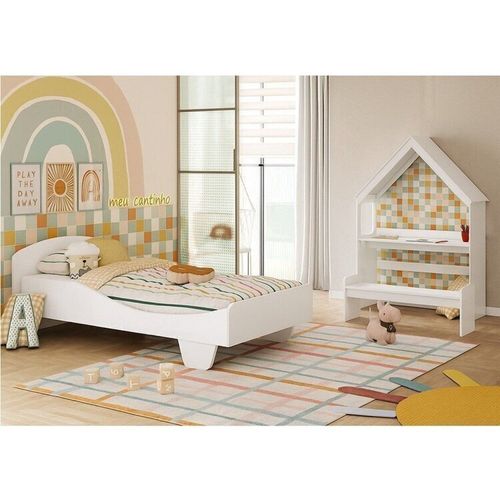 Quarto Infantil com Cama Mesa Casinha e Banco Olívia 100% Mdf Espresso Móveis Branco Brilho