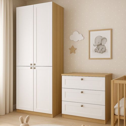Quarto Infantil com 2 Guarda-Roupa e 1 Cômoda 3 Gavetas Modelo Americano 100% MDF Infinity Branco/S Savana/Branco