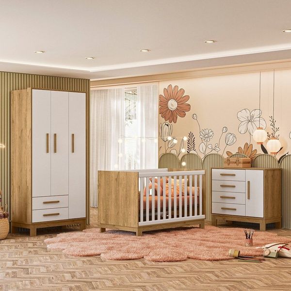 Quarto para Bebê Completo 3 Peças Guarda-Roupa, Cômoda e Berço Encanto Freijo Toq / Branco Acetinado