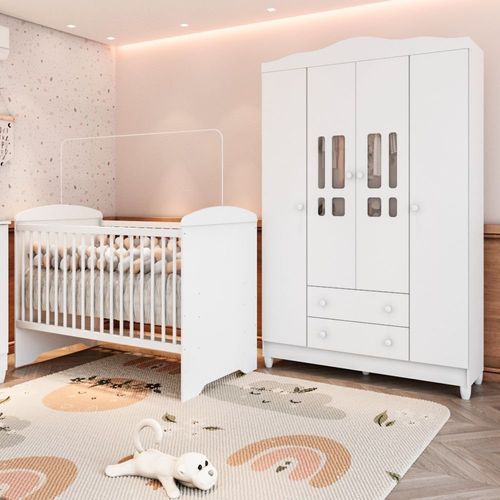 Conjunto Quarto Bebê Berço 3Em1 Eloá Guarda Roupa 4 Portas 100% MDF Branco