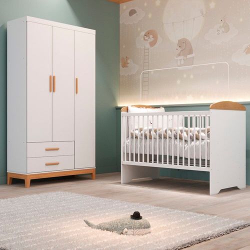 Quarto de Bebê Completo Berço Eloa 3 em 1 e Guarda-roupa 3 Portas Hellen Branco/Bétula