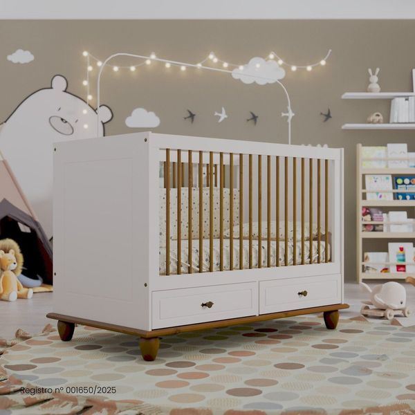Berço Vira Cama em Mdf 96cm X 79,5cm Joy Off White/Nogueira