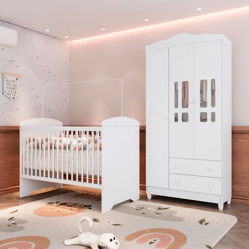 Conjunto Quarto Bebê Berço 3Em1 Eloá Guarda Roupa 3 Portas 100% MDF Branco